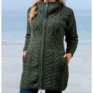Inis Crafts 100% Merino Wool Long Fisherman cardigan Coat Green Ireland Size L